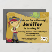 Girl Pirate Treasure Map Birthday Party Invitation Kaart (Voorkant / Achterkant)