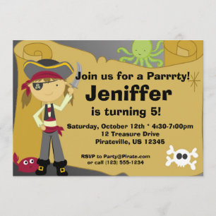 Girl Pirate Treasure Map Birthday Party Invitation Kaart