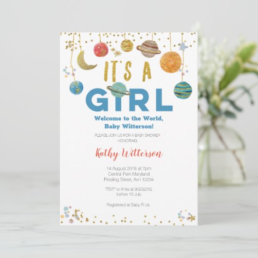 Girl Planets Buitenruimte Baby shower Uitnodiging (Staand voorkant)