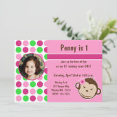 Girl Polka Dot Monkey Invite Kaart (Staand voorkant)