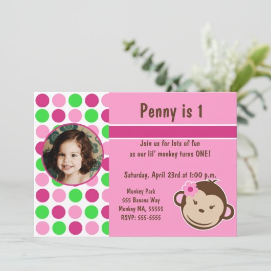 Girl Polka Dot Monkey Invite Kaart (Staand voorkant)