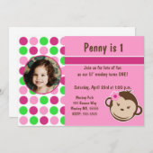 Girl Polka Dot Monkey Invite Kaart (Voorkant / Achterkant)