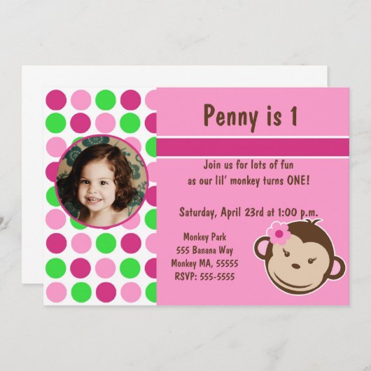 Girl Polka Dot Monkey Invite Kaart (Voorkant / Achterkant)