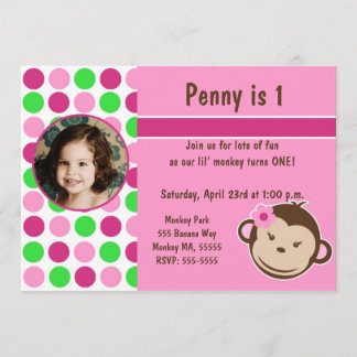 Girl Polka Dot Monkey Invite Kaart