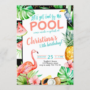 Girl Pool Party Birthday Tropical Flamingo Kaart