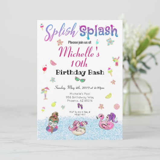 Girl Pool Party Glitter Tropische Zomerverjaardag Kaart (Staand voorkant)