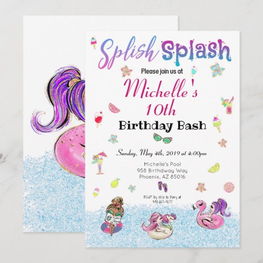 Girl Pool Party Glitter Tropische Zomerverjaardag Kaart (Voorkant / Achterkant)