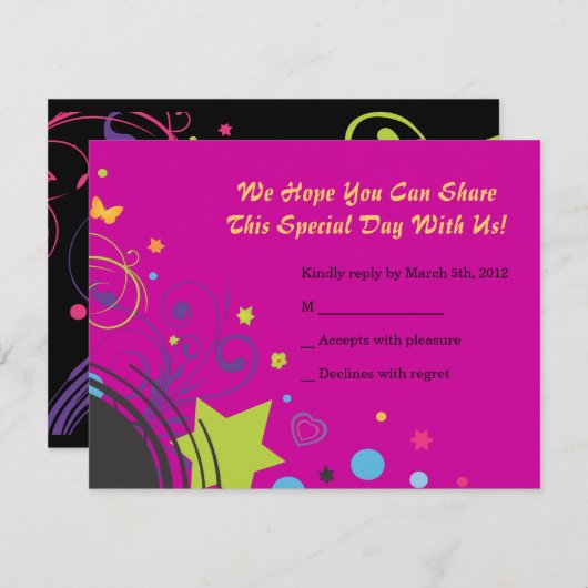 Girl Power Bright Bat Mitzvah Invitation Party RSVP Kaartje (Voorkant / Achterkant)