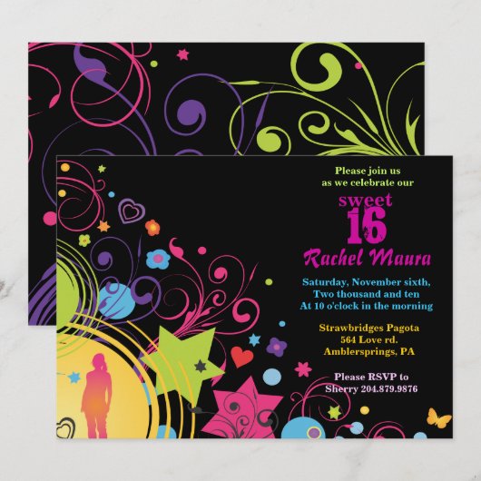 Girl Power Bright Sweet Sixteen 16 Uitnodiging (Voorkant / Achterkant)