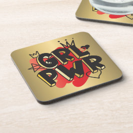 GIRL POWER, Crown & Hearts, Rood & Goud Bier Onderzetter