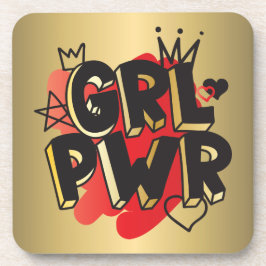 GIRL POWER, Crown & Hearts, Rood & Goud Bier Onderzetter