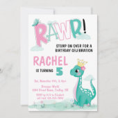 Girl Princess Dinosaur Pink & Blauwgroen Birthday  Kaart (Voorkant)