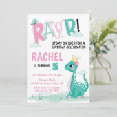 Girl Princess Dinosaur Pink & Blauwgroen Birthday  Kaart (Staand voorkant)