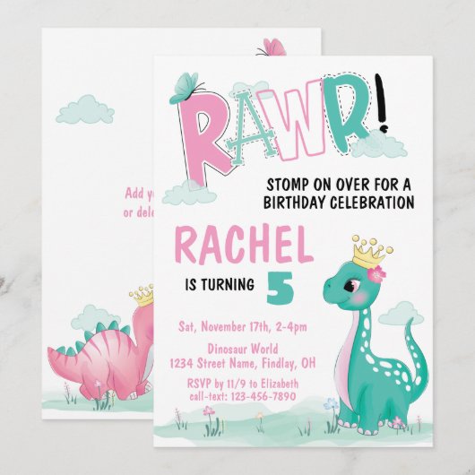 Girl Princess Dinosaur Pink & Blauwgroen Birthday  Kaart (Voorkant / Achterkant)