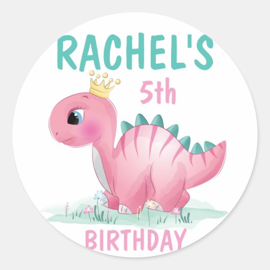 Girl Princess Dinosaur Pink & Blauwgroen Birthday Ronde Sticker (Voorkant)