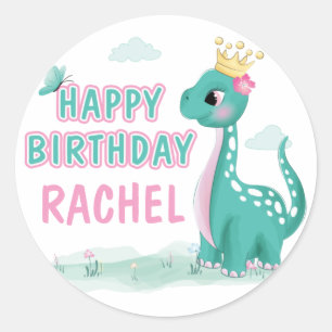 Girl Princess Dinosaur Pink & Blauwgroen Birthday Ronde Sticker