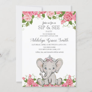 Girl Princess Tiara Elephant Pink Floral Sip Kaart