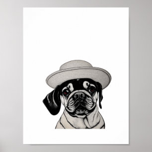 Girl Pug Dog Pet zwart-wit afdrukken Poster