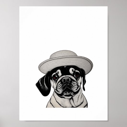 Girl Pug Dog Pet zwart-wit afdrukken Poster (Voorkant)