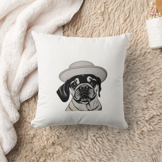 Girl Pug Wearing Pet Black and White Sierkussen (Deken)