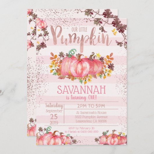 Girl Pumpkin 1st Birthday Invitation - Herfst Kaart (Voorkant / Achterkant)