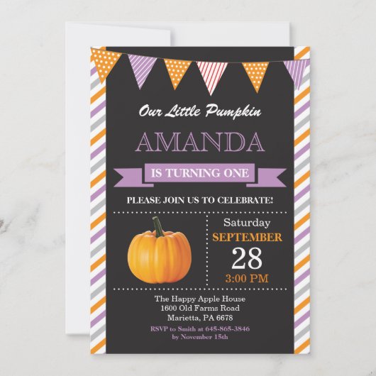 Girl Pumpkin Birthday Invitation Sinaasappel en Pa Kaart (Voorkant)
