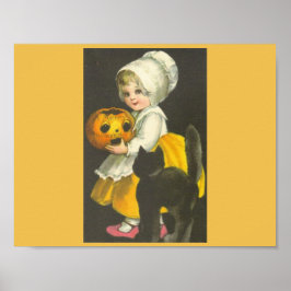 Girl Pumpkin Black Cat  Halloween Poster