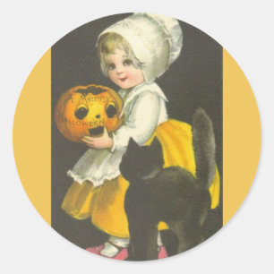 Girl Pumpkin Black Cat  Halloween Stickers