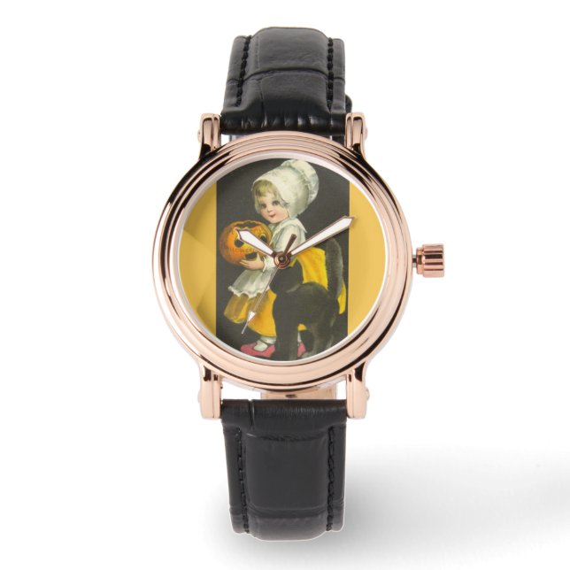 Girl Pumpkin Black Cat  Halloween Watch Horloge (Voorkant)