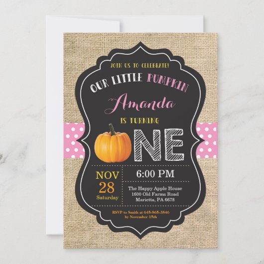 Girl Pumpkin First Birthday Invitation Burlap Kaart (Voorkant)