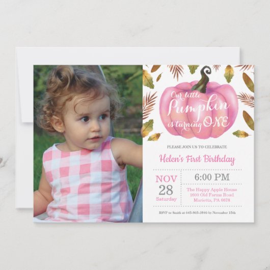 Girl Pumpkin First Birthday Invitation Pink Kaart (Voorkant)