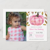 Girl Pumpkin First Birthday Invitation Pink Kaart (Voorkant / Achterkant)