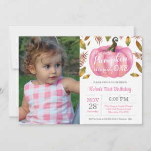 Girl Pumpkin First Birthday Invitation Pink Kaart