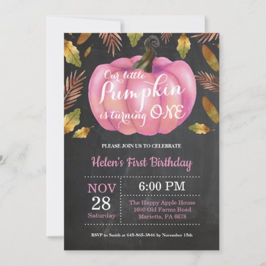 Girl Pumpkin First Birthday Invitation Pink Kaart (Voorkant)