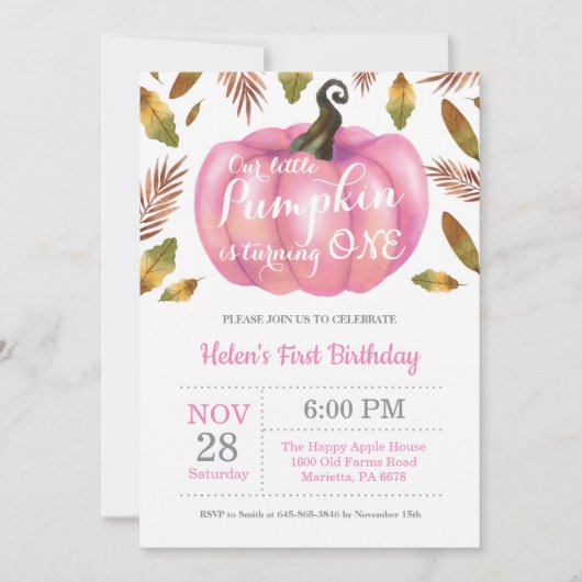 Girl Pumpkin First Birthday Invitation Pink Kaart (Voorkant)