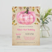 Girl Pumpkin First Birthday Invitation Pink Kaart (Staand voorkant)