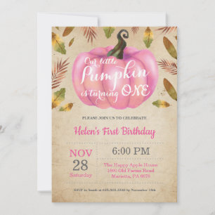 Girl Pumpkin First Birthday Invitation Pink Kaart