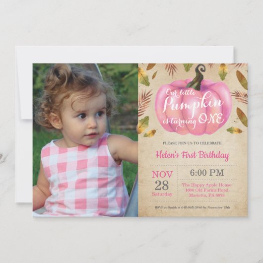 Girl Pumpkin First Birthday Invitation Pink Kaart (Voorkant)