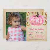 Girl Pumpkin First Birthday Invitation Pink Kaart (Voorkant / Achterkant)