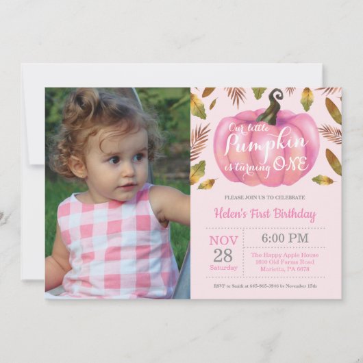 Girl Pumpkin First Birthday Invitation Pink Kaart (Voorkant)