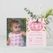 Girl Pumpkin First Birthday Invitation Pink Kaart (Staand voorkant)