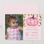 Girl Pumpkin First Birthday Invitation Pink Kaart (Voorkant / Achterkant)