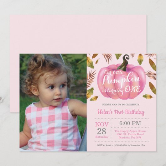 Girl Pumpkin First Birthday Invitation Pink Kaart (Voorkant / Achterkant)