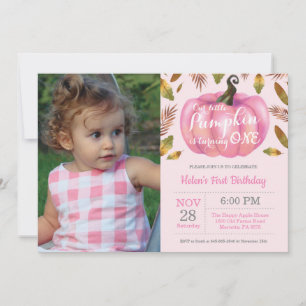 Girl Pumpkin First Birthday Invitation Pink Kaart