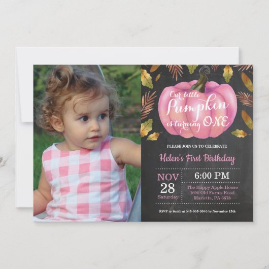 Girl Pumpkin First Birthday Invitation Pink Kaart (Voorkant)