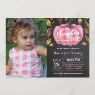 Girl Pumpkin First Birthday Invitation Pink Kaart