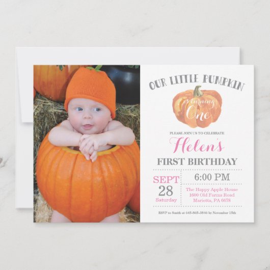 Girl Pumpkin First Birthday Invitation Pink Kaart (Voorkant)