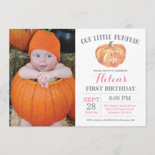 Girl Pumpkin First Birthday Invitation Pink Kaart