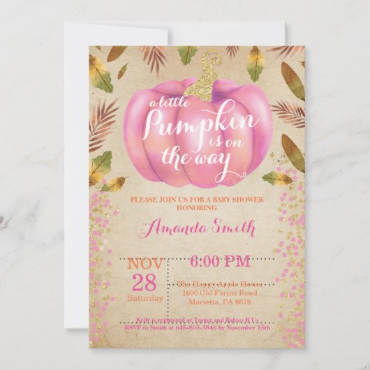 Girl Pumpkin Herfst Baby shower Invitation Gold Kaart (Voorkant)