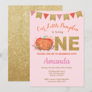 Girl Pumpkin Herfst Birthday Invitation Gold Glitt Kaart